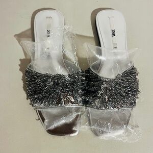 ZARA SHIMMER BEADED SANDALS SLIDES GREY/SILVER SIZE 40 (10)